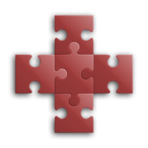 The cross symbol of the Red Cross composed of jigsaw pieces