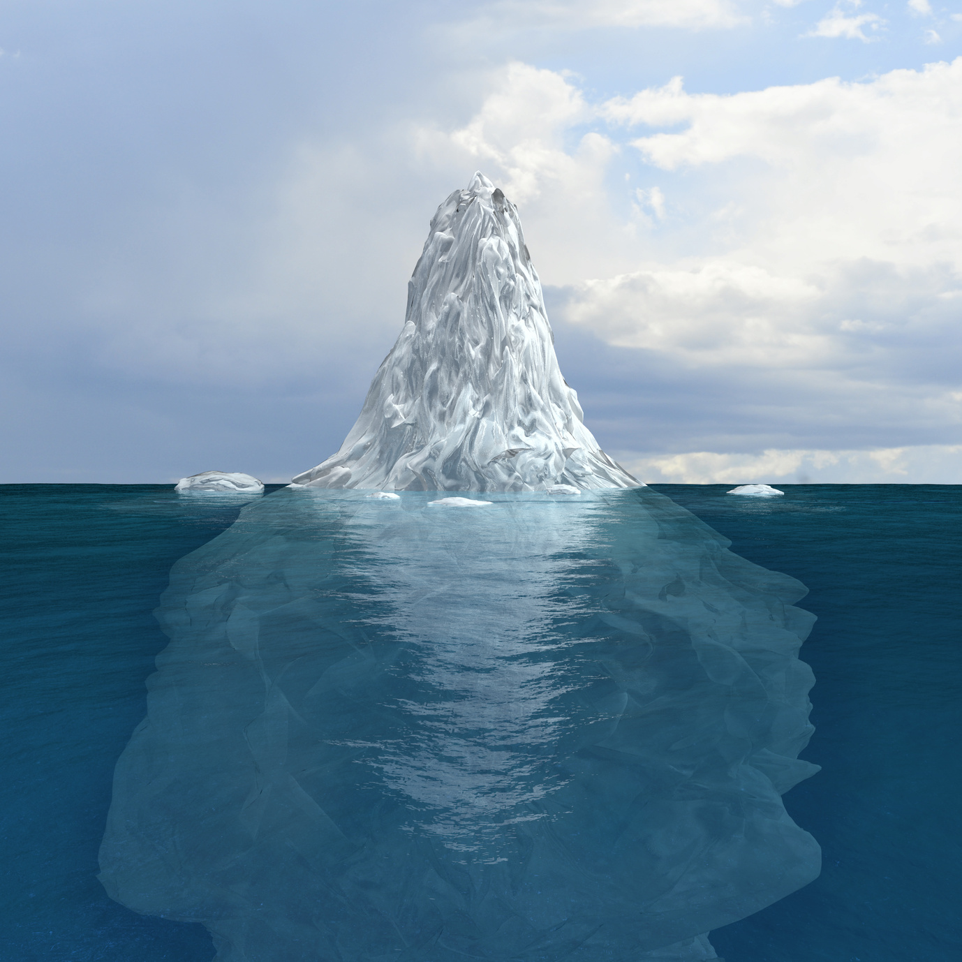Iceberg the smaller part of which is above the water and the predominant part of which is underwater.