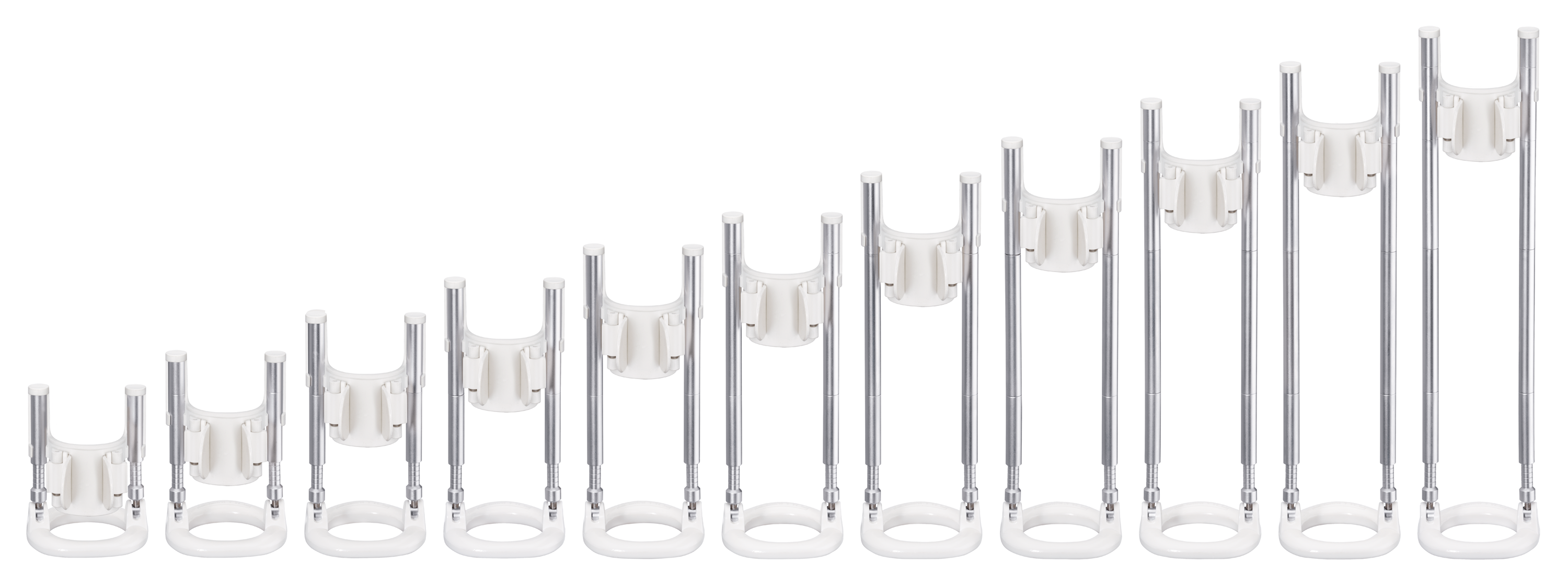 Eleven expansion stages of PeniMaster in rear view from the tiny basic model without extension rods up to approx. 30 centimetres