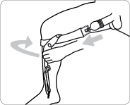 Illustration with arrow representation of routeing the belt system attached to the penis below the knee cap